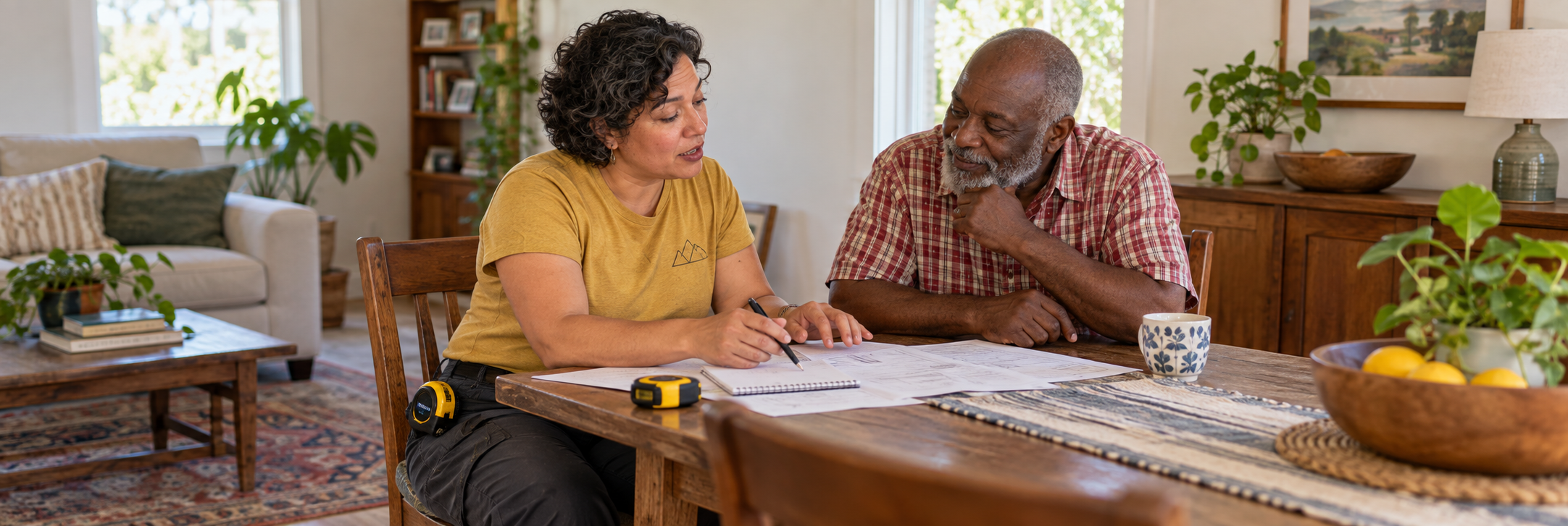 Illustrative scene of a service professional reviewing an estimate with a homeowner at a table