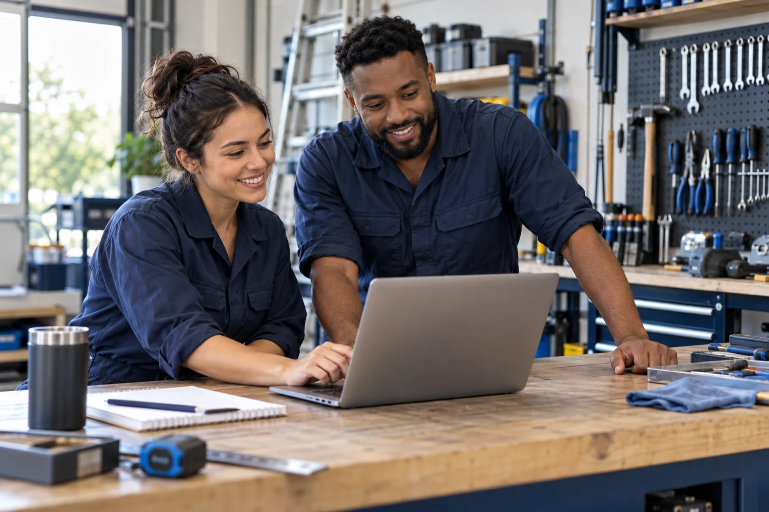 Illustrative scene of two service professionals reviewing work together at a laptop